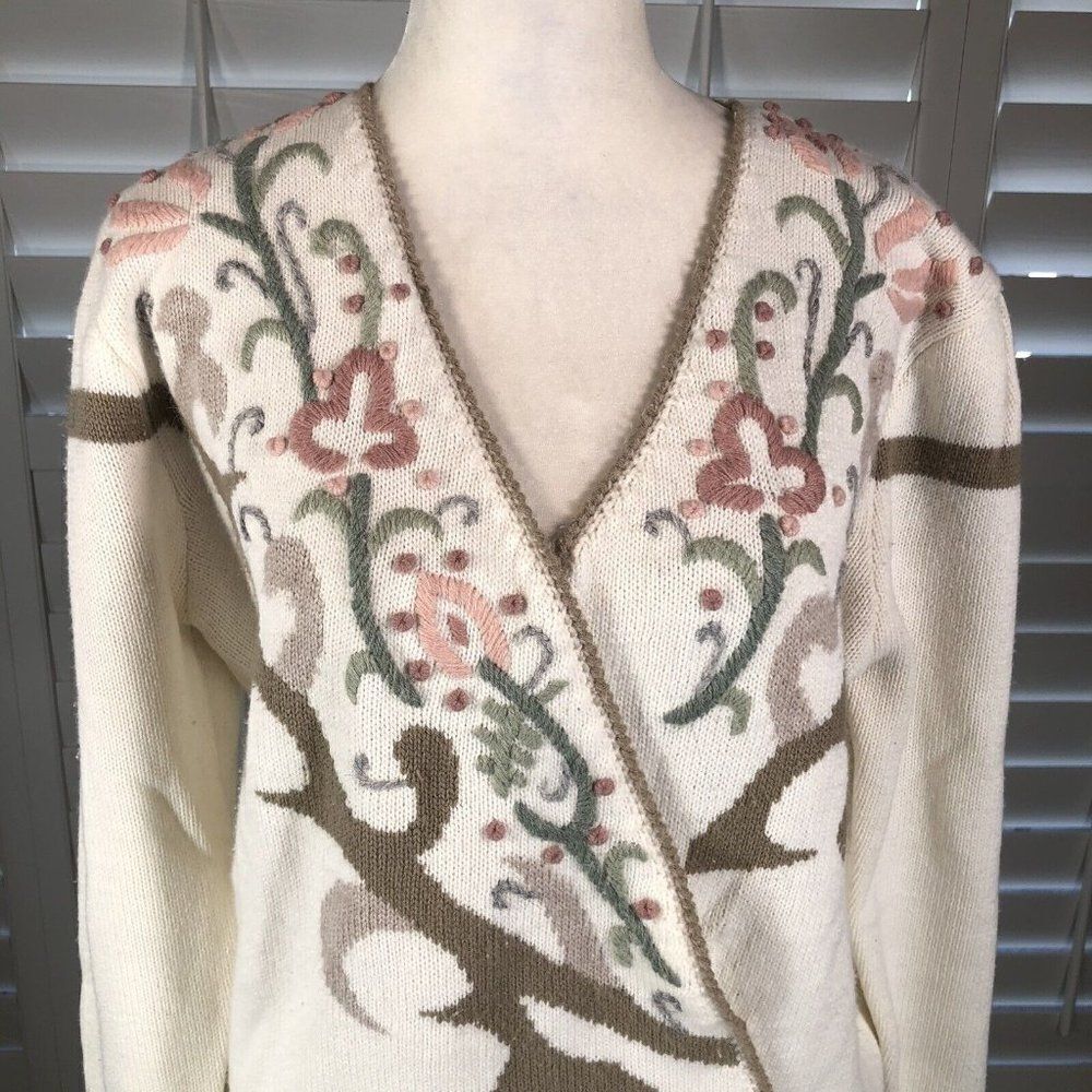 Vtg 80s Cream Embroidered Surplice Sweater M Puff Sleeve Pink Flowers Prop Cozy